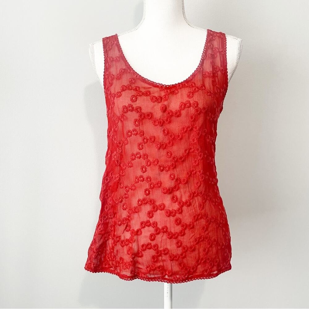 Lucky Brand red orange embroidered floral lace tank top size small